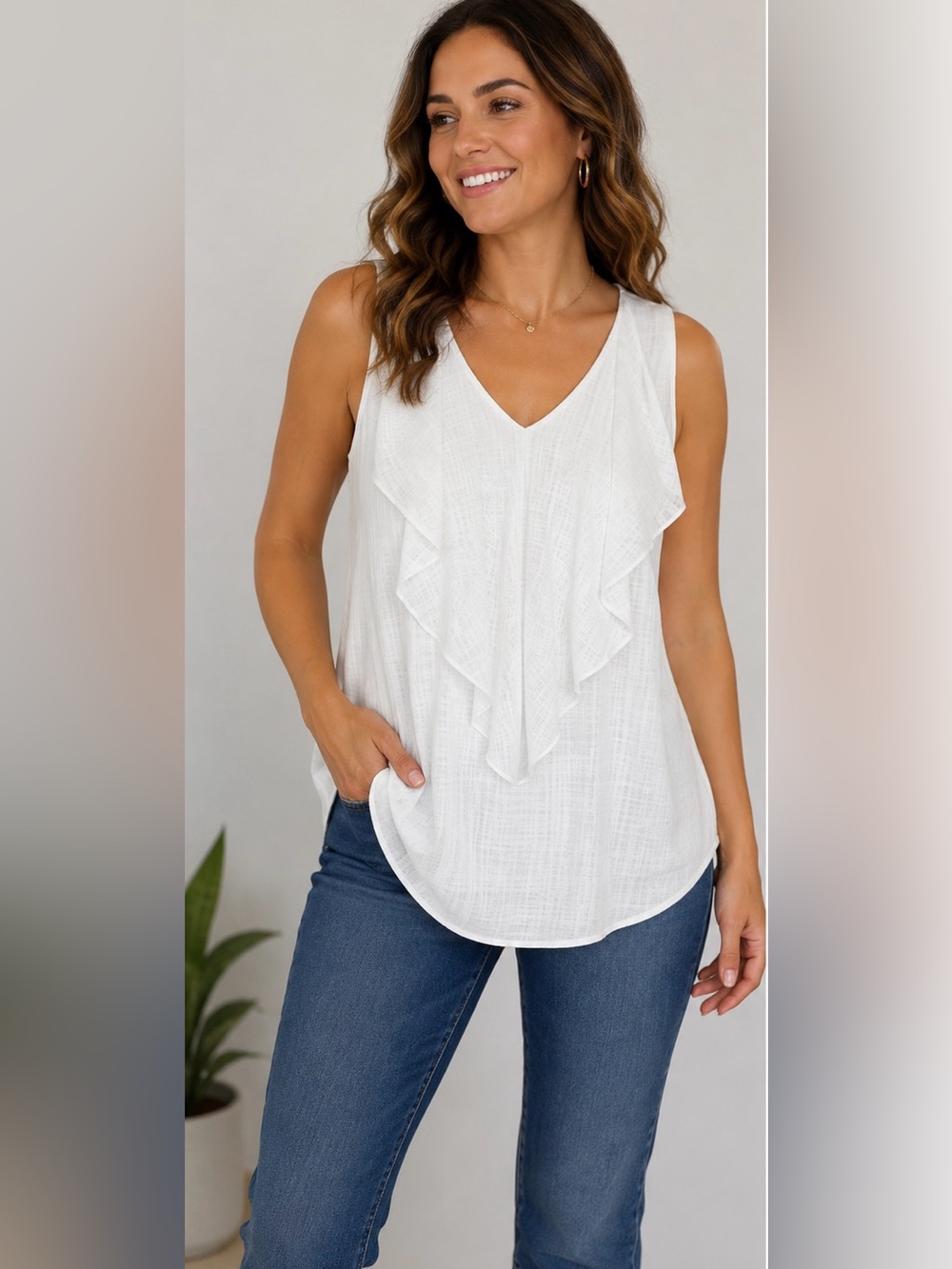 AB Studio Ivory Textured Ruffle Sleeveless Blouse XL